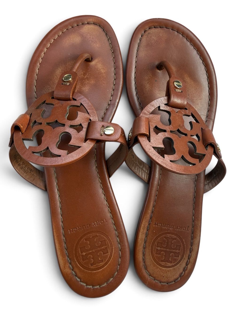 Tory Burch Miller Sandals Women 8.5 M Brown Leather Made in Brazil Logo Thong
